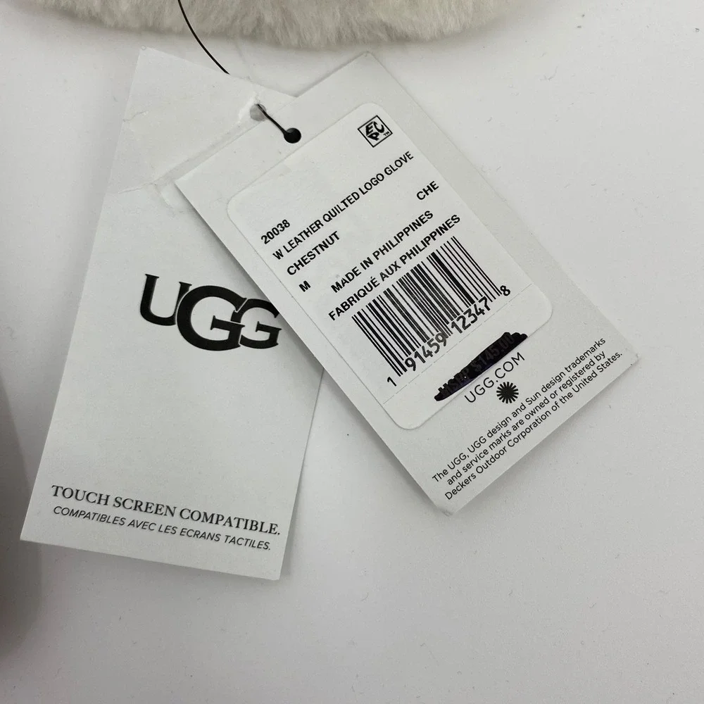 NWT UGG Genuine Leather Quilted Logo Gloves, Size Med,‎ Chestnut, Touchscreen